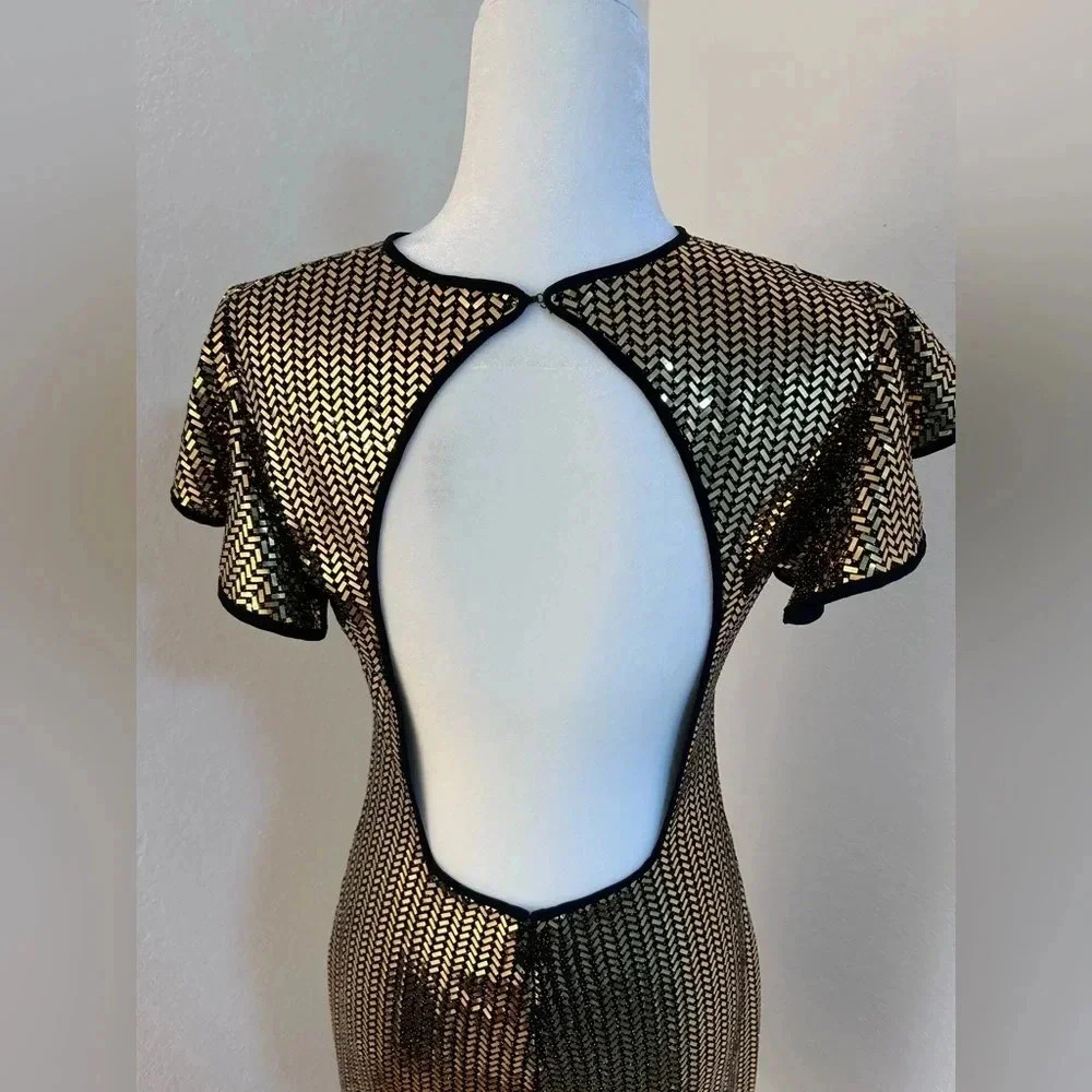 Naeem Khan Flutter Cap Sleeve Open Back Gold Sequ… - image 7